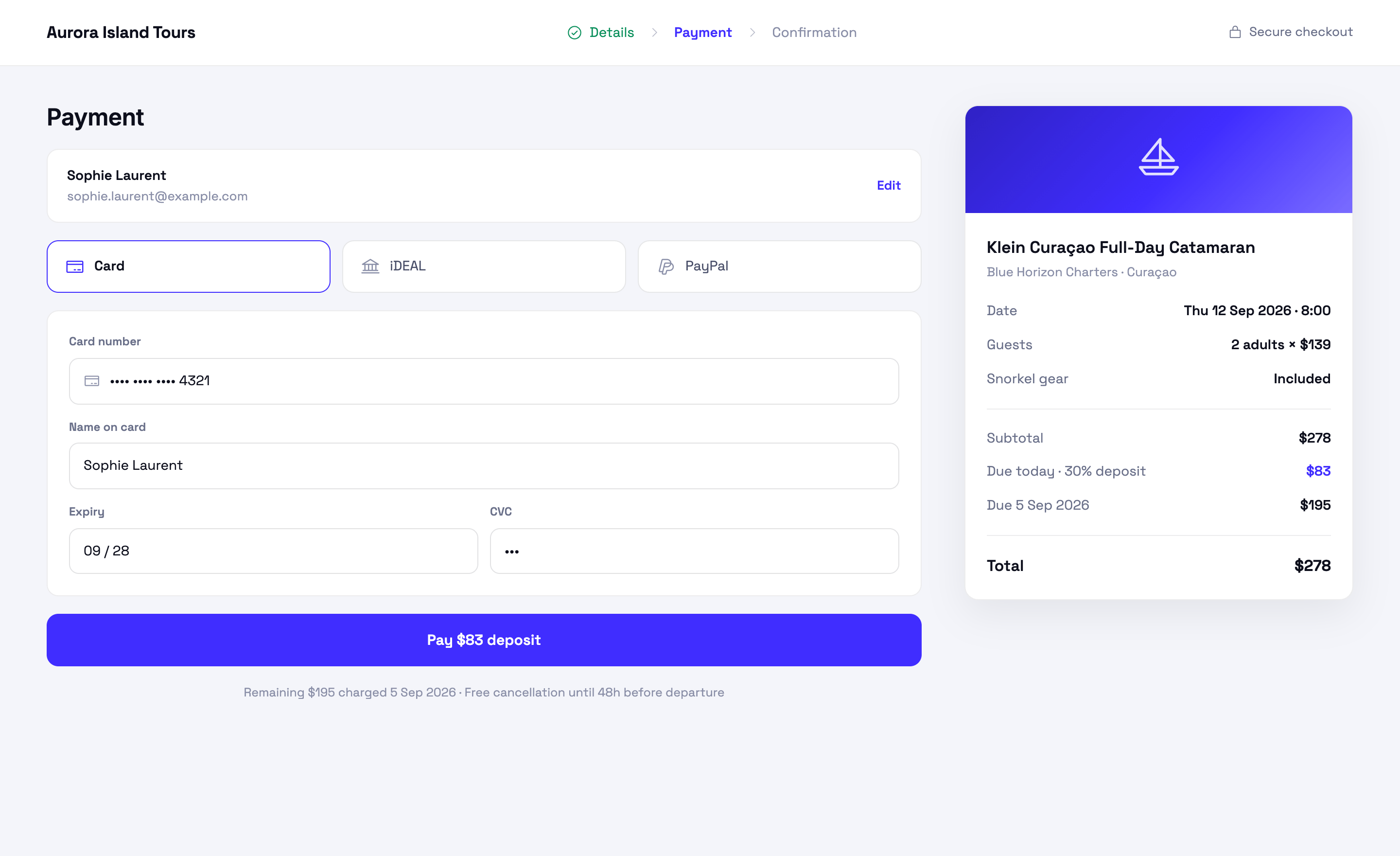 Checkout payment step with deposit and booking summary, shown with sample data